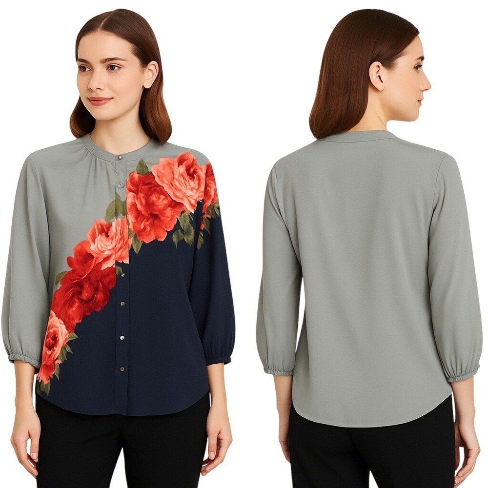 Womens Floral Colorblock Blouse S Sage Navy Orange Button Front 3/4 Sleeve Top